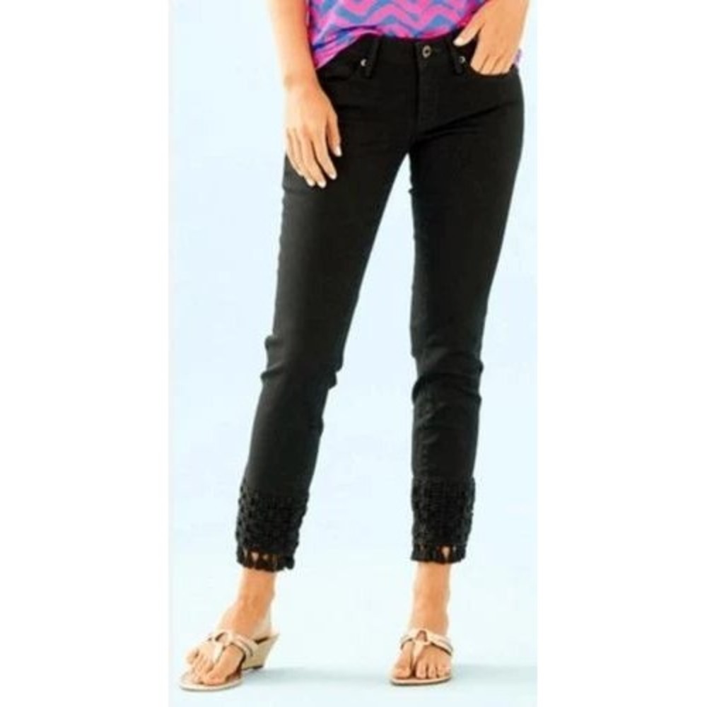 Lilly Pulitzer South Ocean Skinny Crop Black Pants Crochet Tassel Hem Size‎ 2